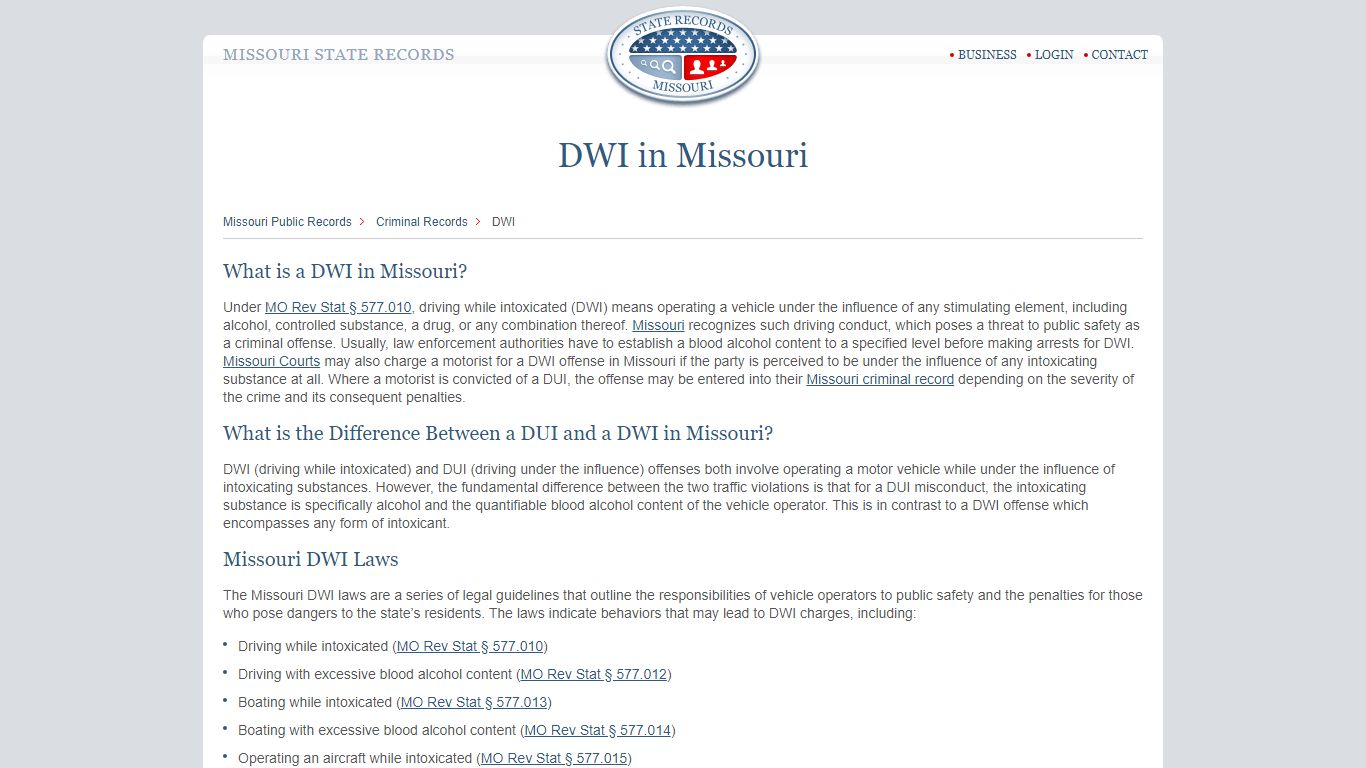 DWI in Missouri | StateRecords.org